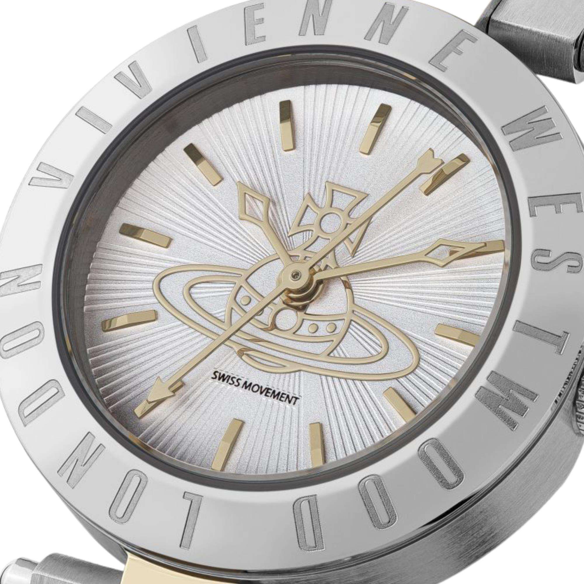 Vivienne Westwood Westbourne women's watch with a silver dial and two tone stainless steel bracelet. Clasp and case back detail.