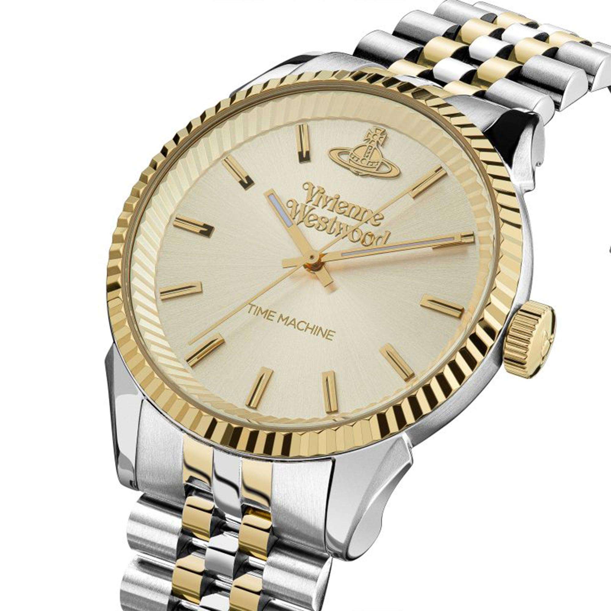 Vivienne Westwood Seymour Homme men's watch with a gold dial and two tone stainless steel bracelet. Shown at an angle.