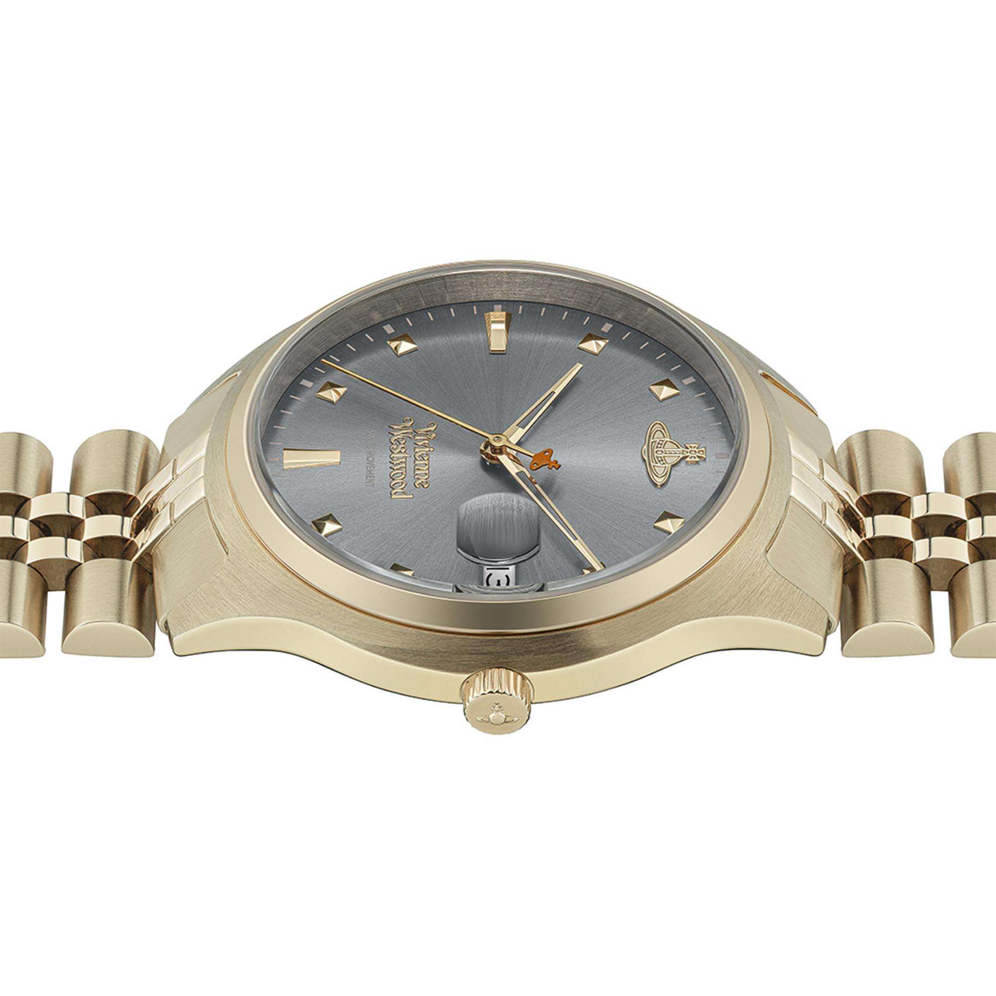 Vivienne Westwood Camberwell women's watch with a grey dial and gold stainless steel bracelet. Shown at an angle.