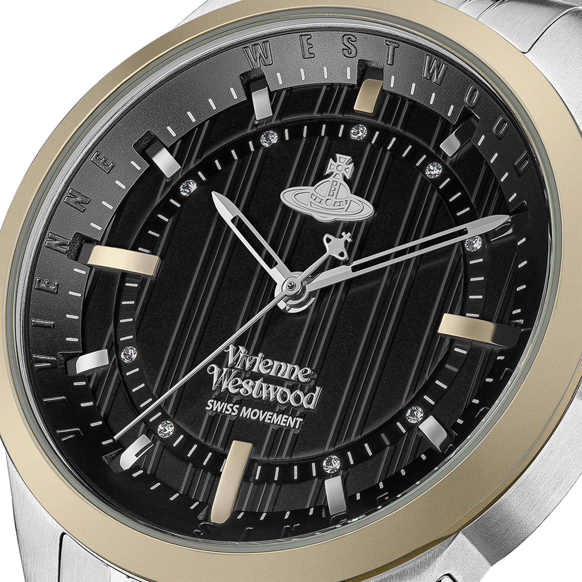 Vivienne Westwood East End women's watch with a black dial and two tone stainless steel bracelet. Side profile view.