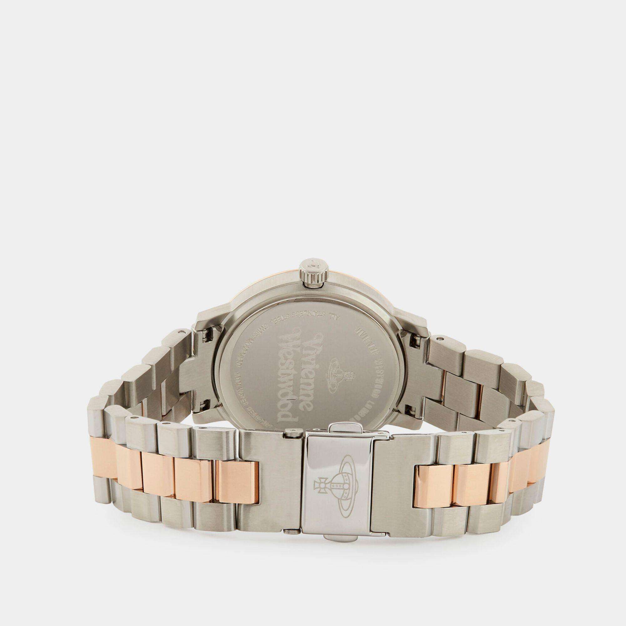 Vivienne Westwood Bloomsbury women's watch with a silver dial and two tone stainless steel bracelet. Side profile view.