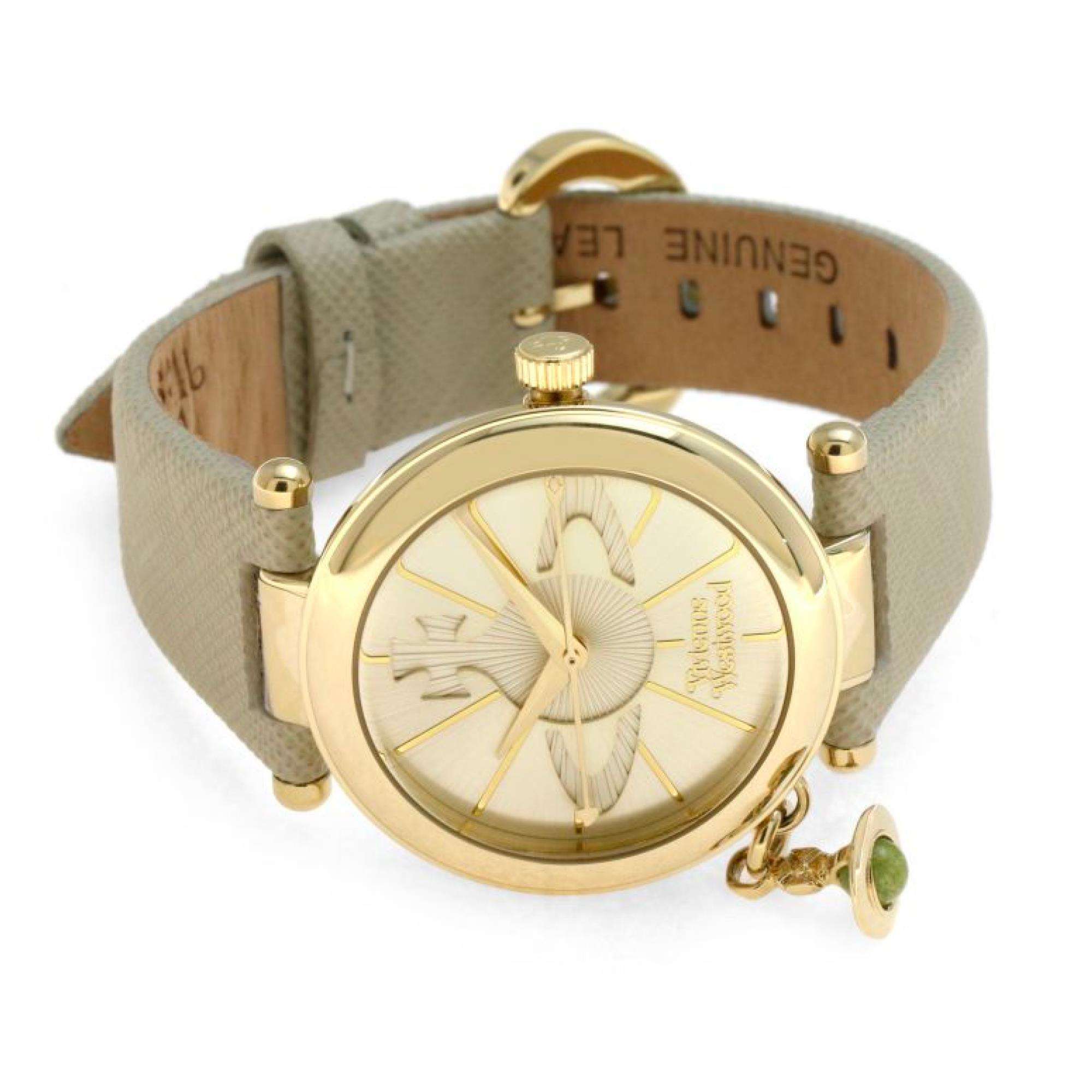 Vivienne Westwood Orb Pop women's watch with a silver dial and cream leather strap. Shown at an angle.