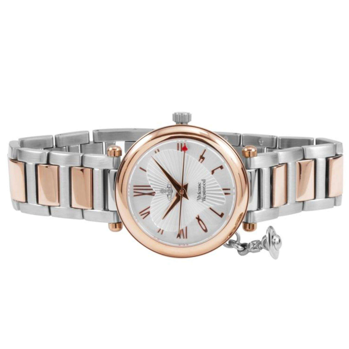 Vivienne Westwood Orb women's watch with a silver dial and two tone stainless steel bracelet. Close-up detail view.