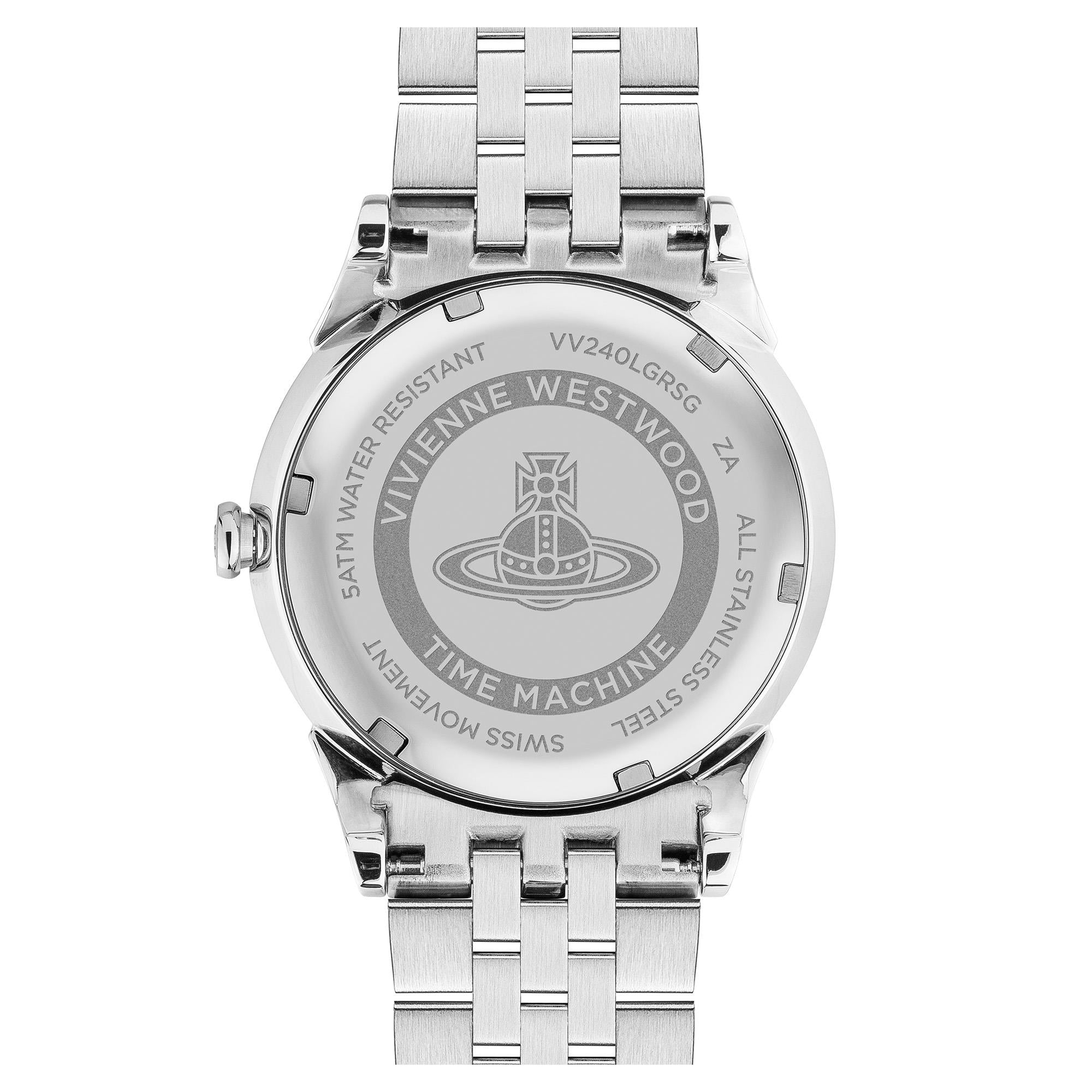 Vivienne Westwood Seymour women's watch with a blue dial and two tone stainless steel bracelet. Clasp and case back detail.