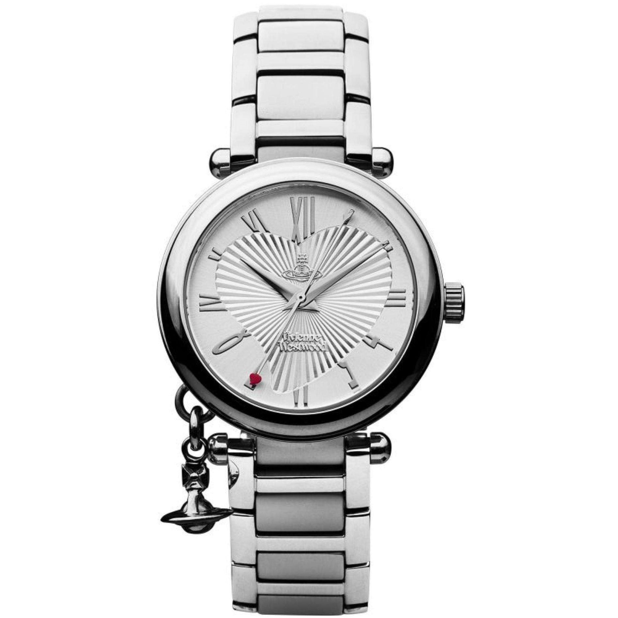 Vivienne Westwood Orb women's watch with a silver dial and silver stainless steel bracelet. Clasp and case back detail.