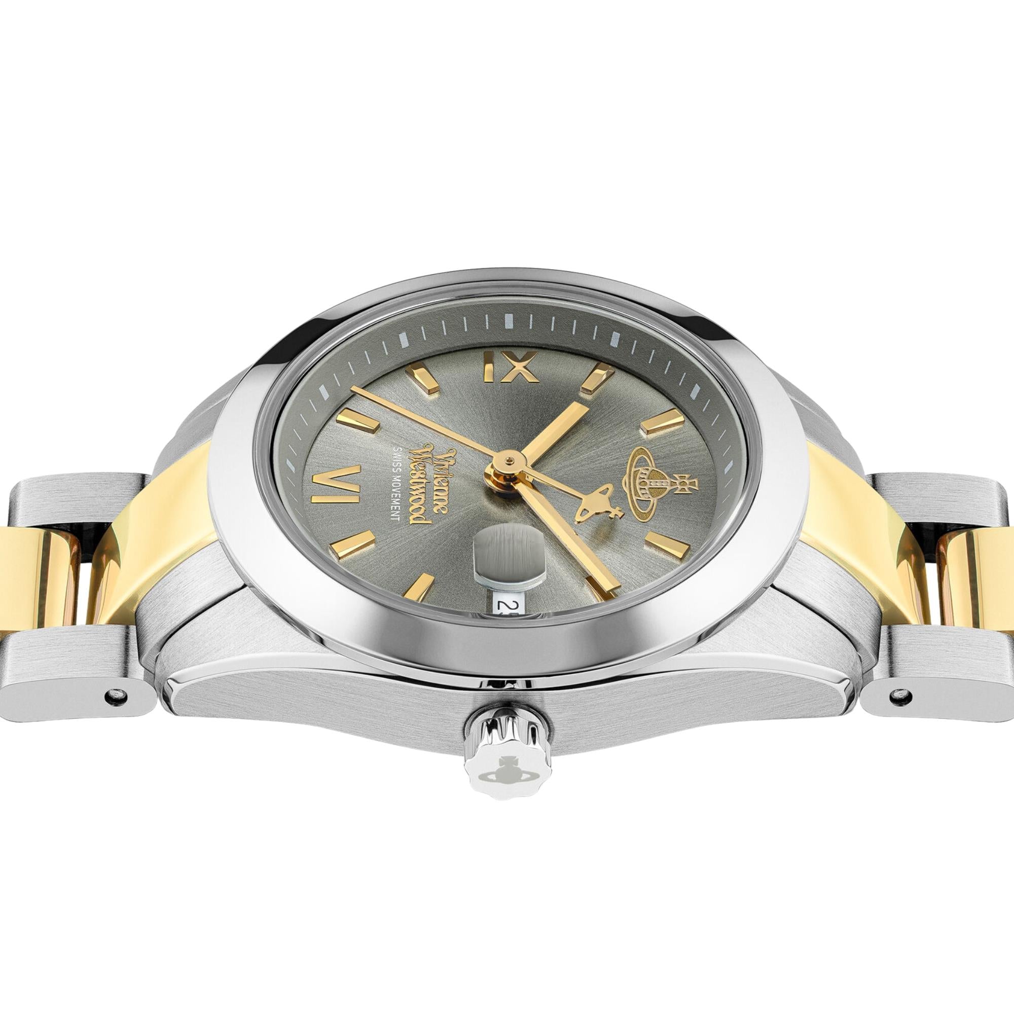 Vivienne Westwood Fenchurch women's watch with a grey dial and two tone stainless steel bracelet. Clasp and case back detail.
