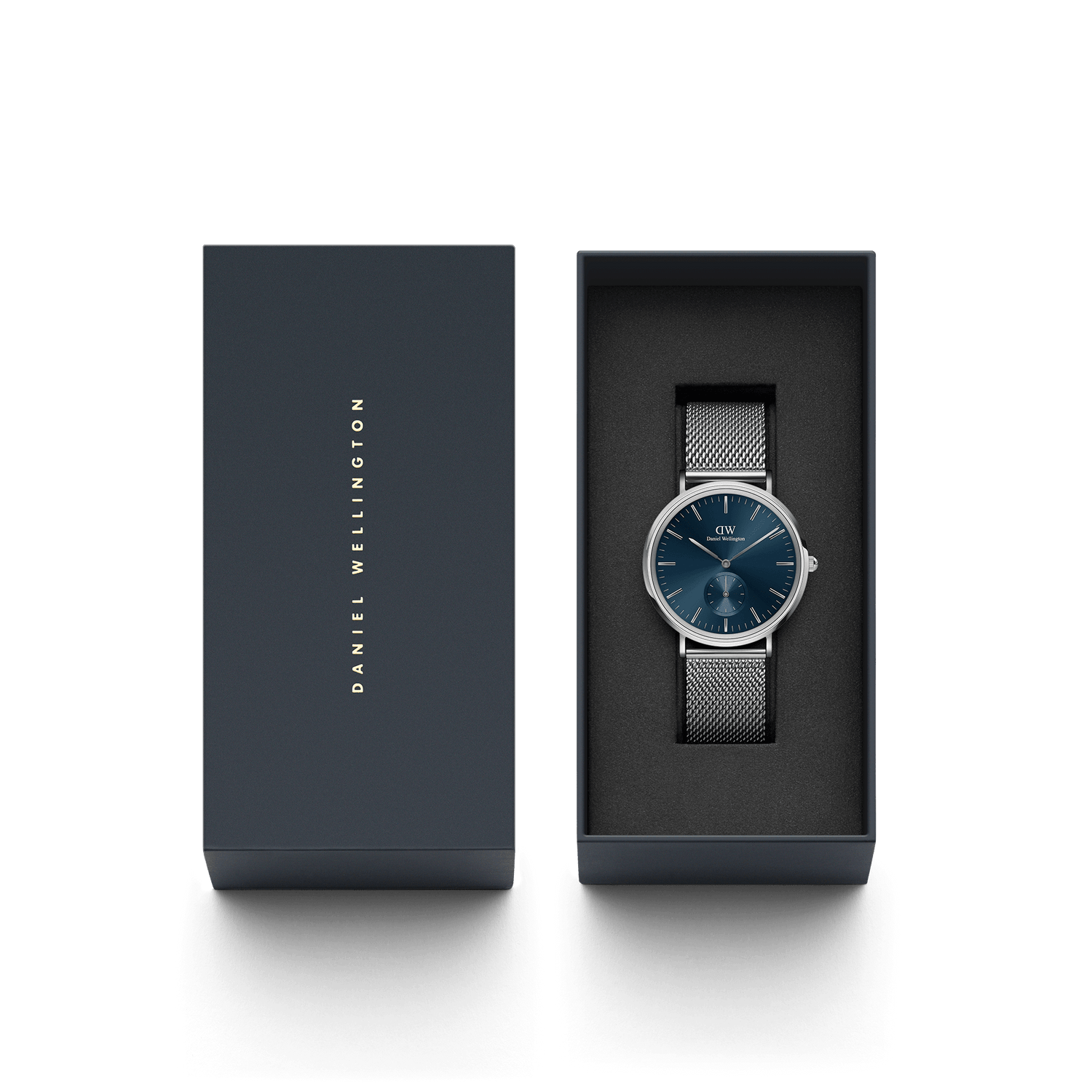 Elegant wristwatch with a blue dial and mesh metal band in a presentation box.