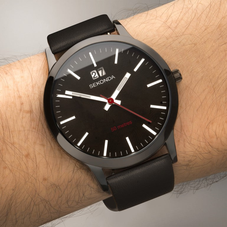 Sekonda Mens Black Leather Strap Watch SK1941 Durable Stylish Timepiece