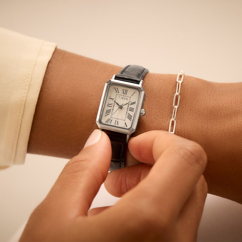Timex Dress Siver Case Black Leather Band Women's Watch TW2Y00800