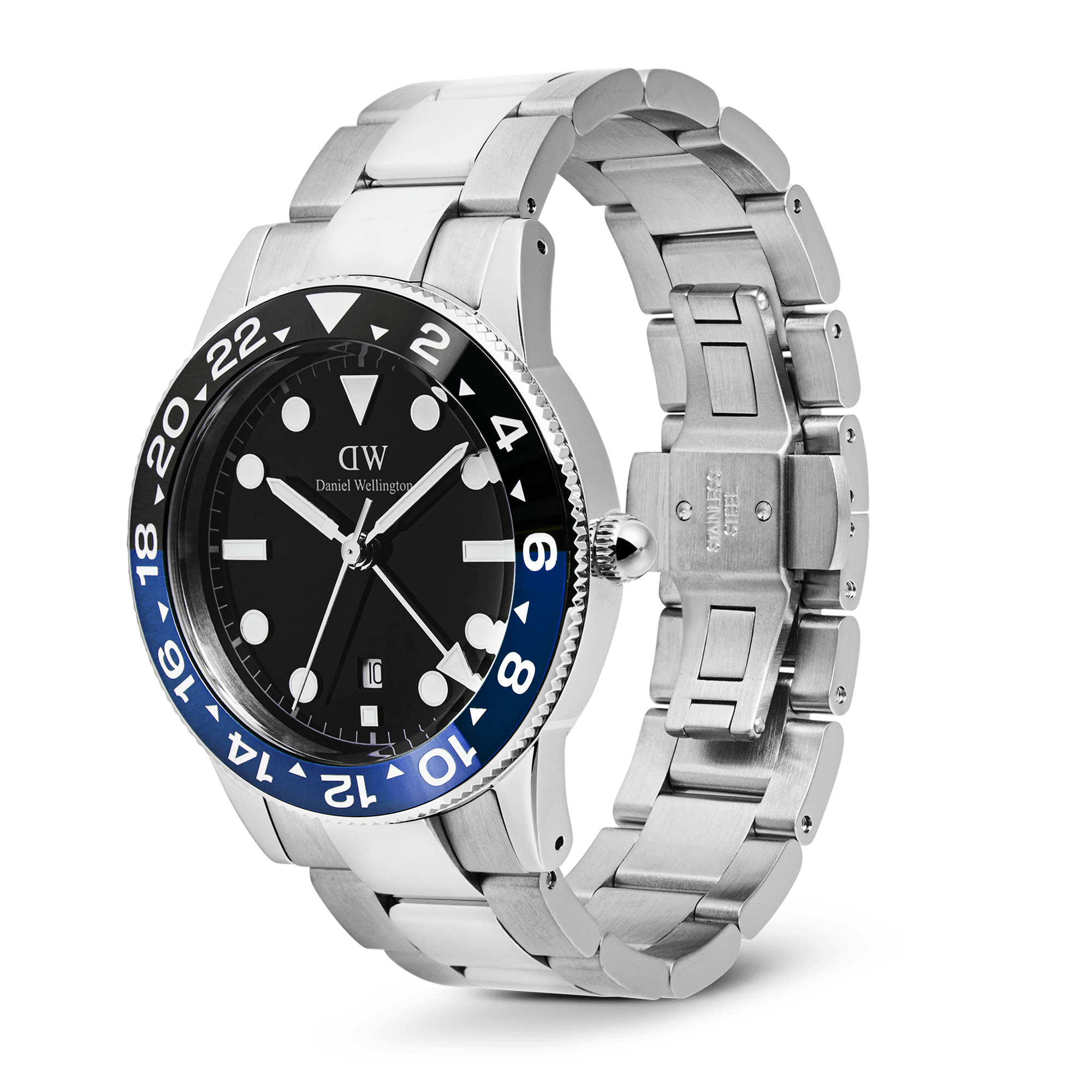 Daniel Wellington Iconic GMT Link Black Blue Ceramic Bezel Silver DW00100921
