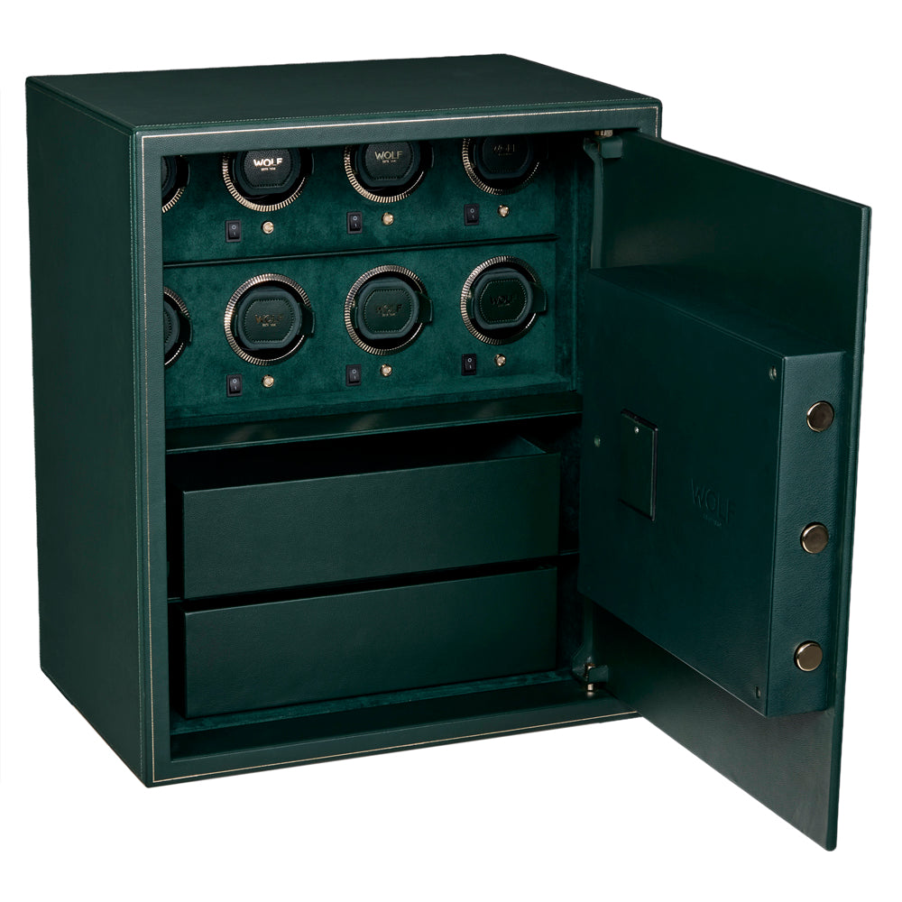 Wolf The Den 8 Piece Watch Winder Safe Green 430841 interior with winders and storage trays