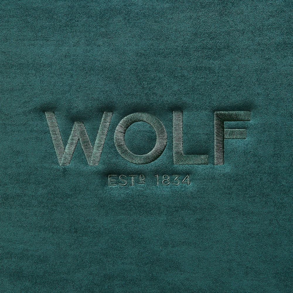 WOLF Athos 12 Piece Watch Winder Safe in Green, embossed WOLF logo on the ultrasuede lining