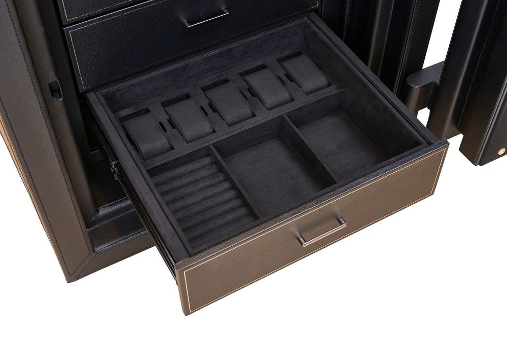 WOLF Athos 4 Piece Watch Winder Safe in Black, open LusterLoc drawer with ultrasuede trays