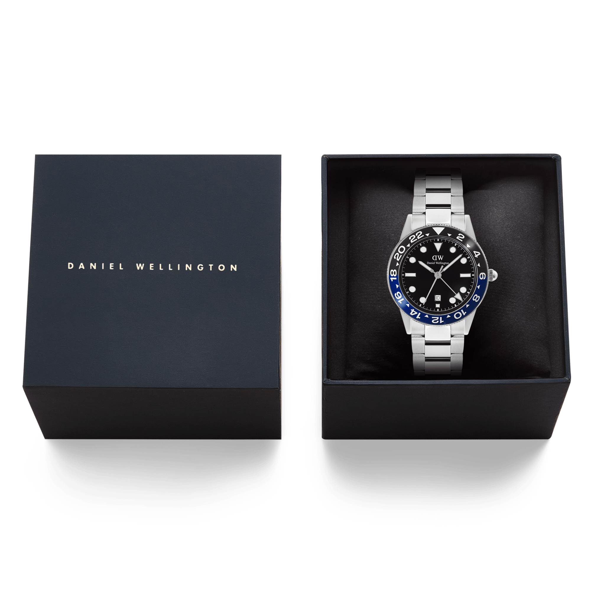 Daniel Wellington Iconic GMT Link Black Blue Ceramic Bezel Silver DW00100921