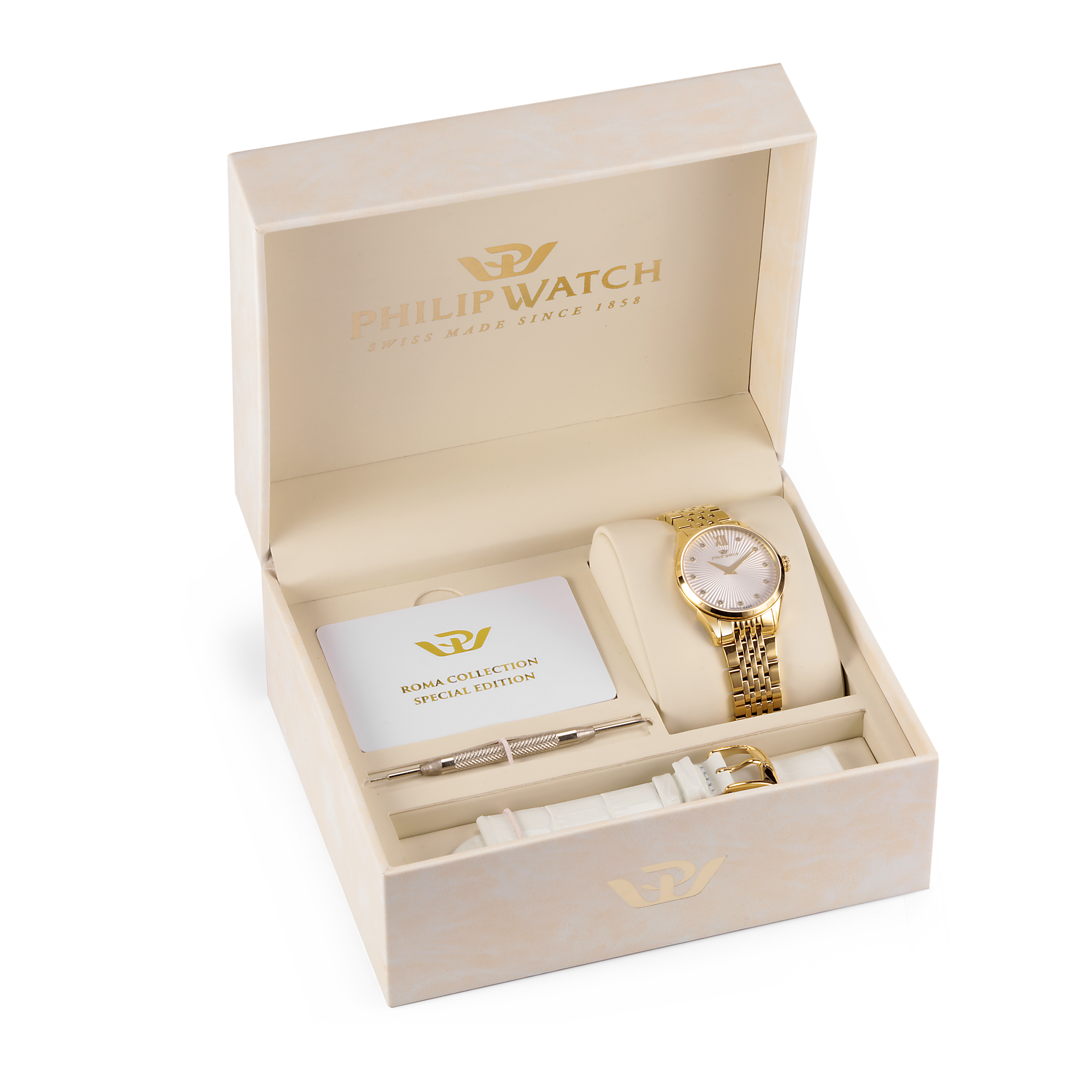 Philip Roma Gold Watch with Interchangeable White Strap