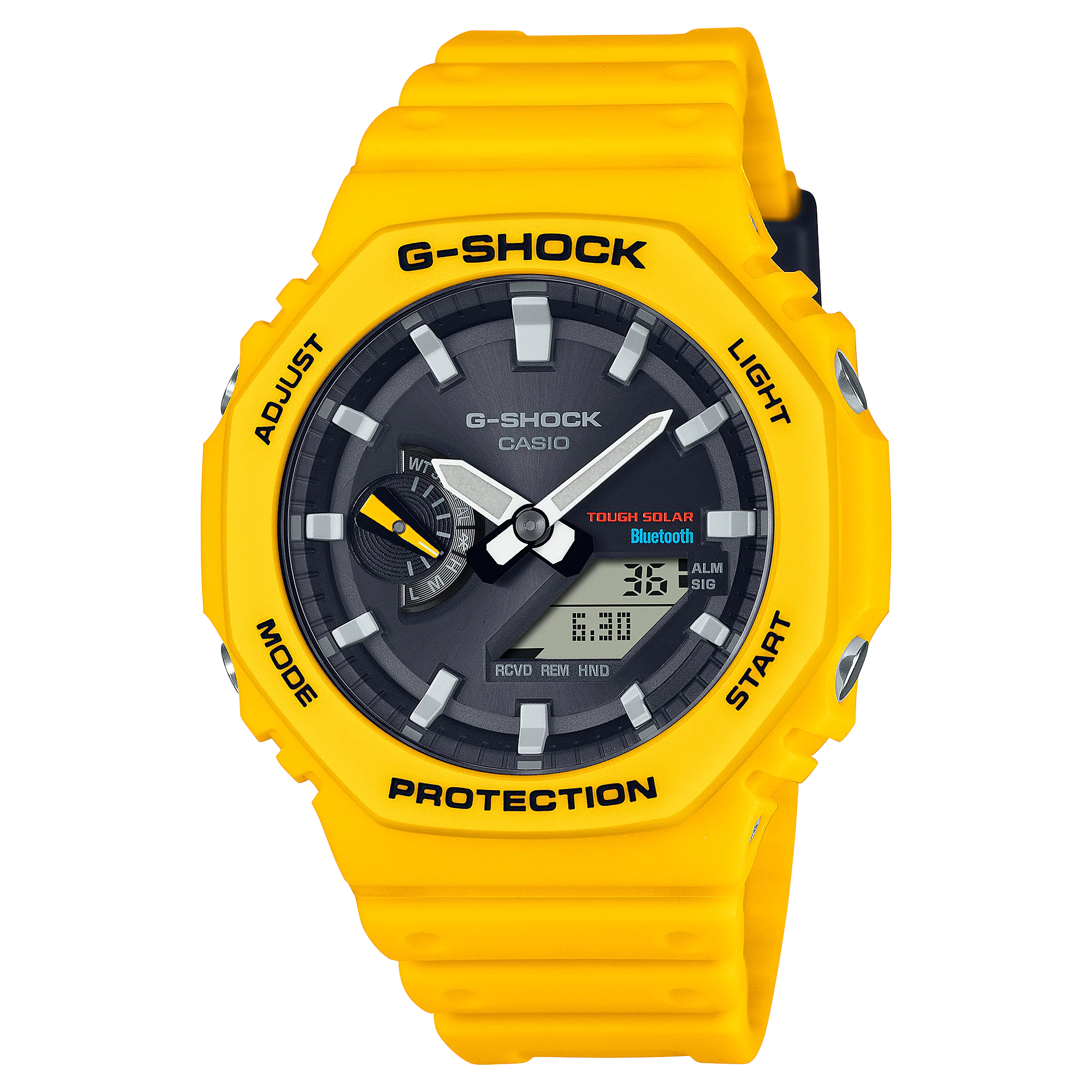 Bright yellow G-Shock wristwatch with a black analog-digital display face.