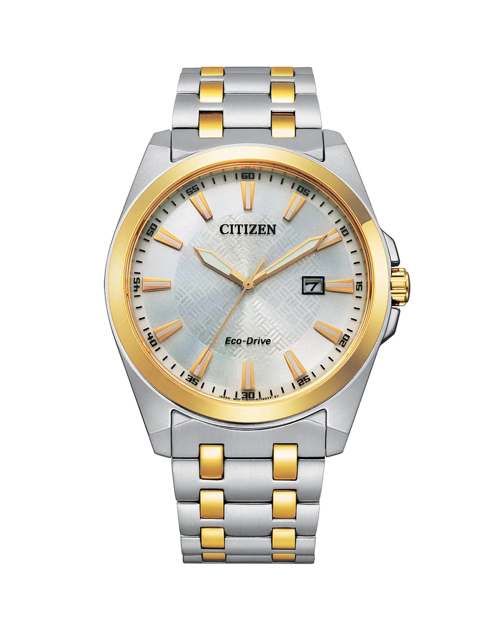 Citizen wristwatch with a two-tone silver and gold metal bracelet and round face.