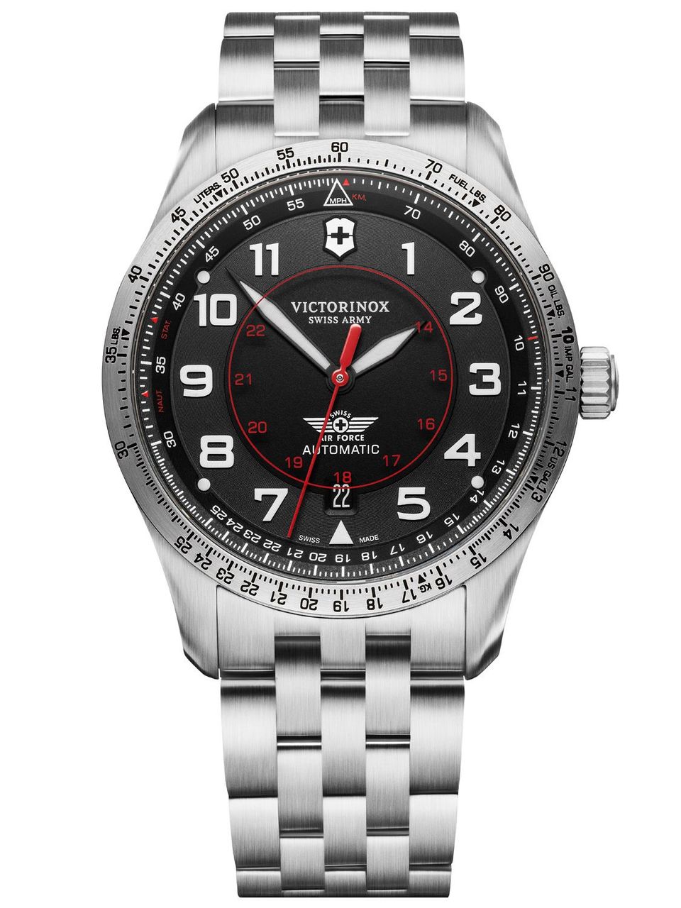 Stainless steel wristwatch with a black dial and numerical markers.
