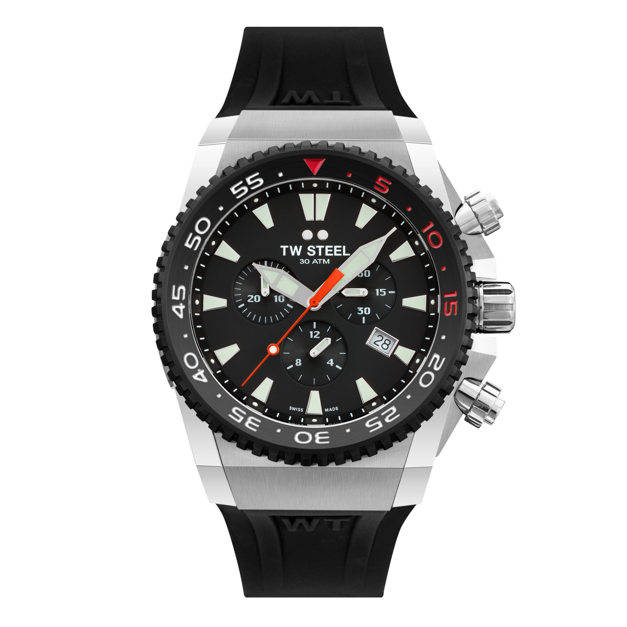Sporty chronograph wristwatch with a black dial, rotating bezel, and rubber strap.