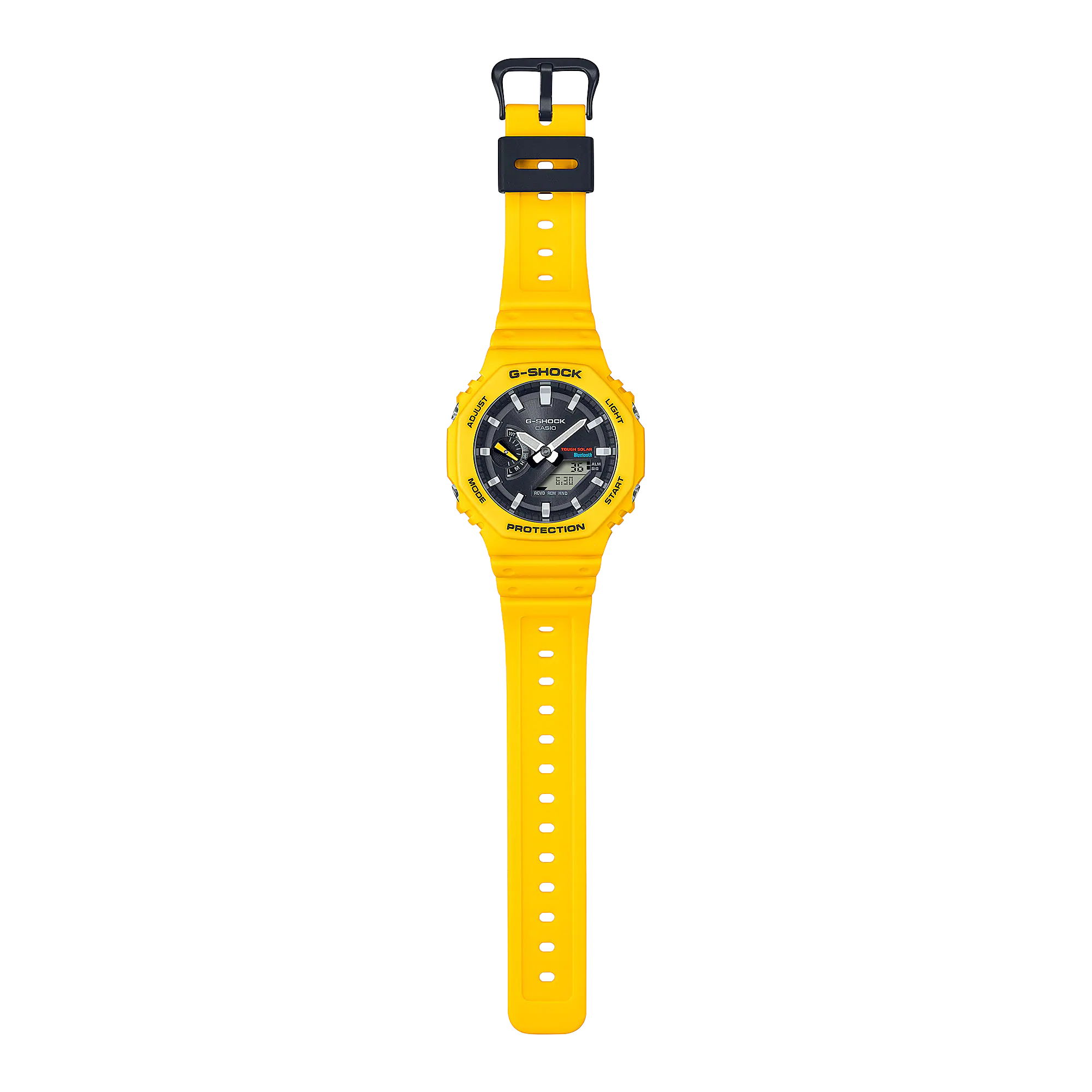 Bright yellow wristwatch with a black dial and digital-analog display.