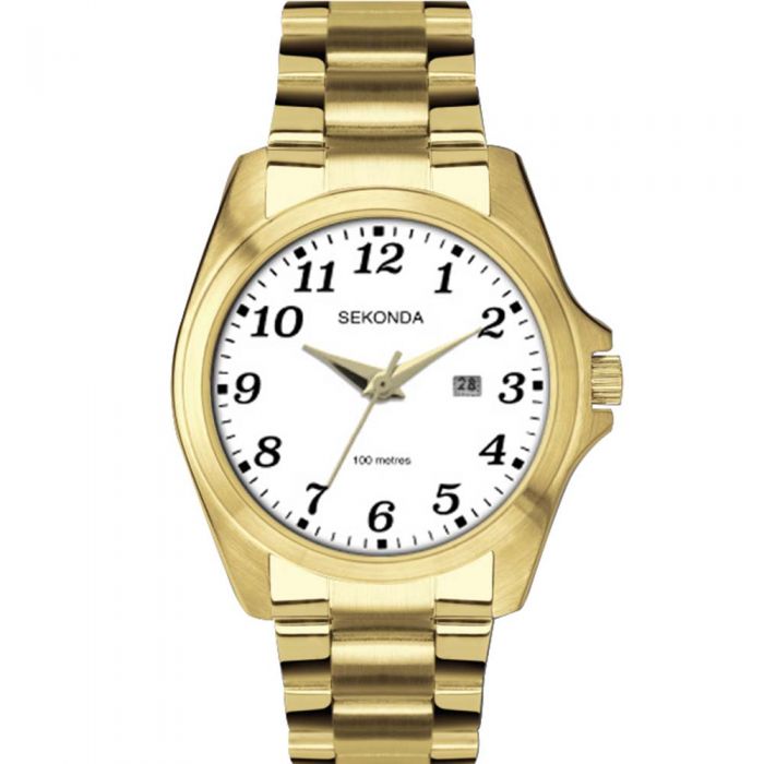 Gold-toned wristwatch with a white dial displaying Arabic numerals.