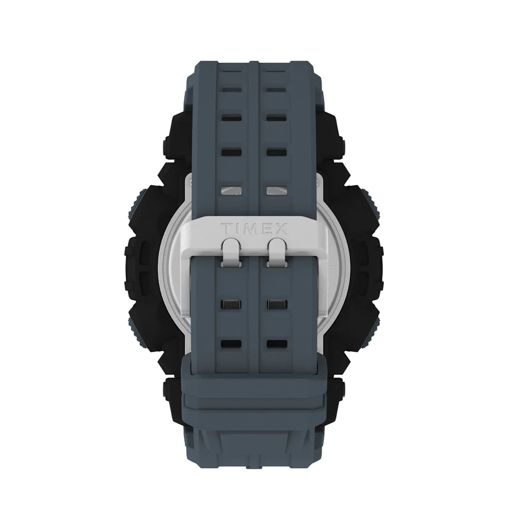 Watch strap or band made of gray rubber or silicone with a metal buckle.