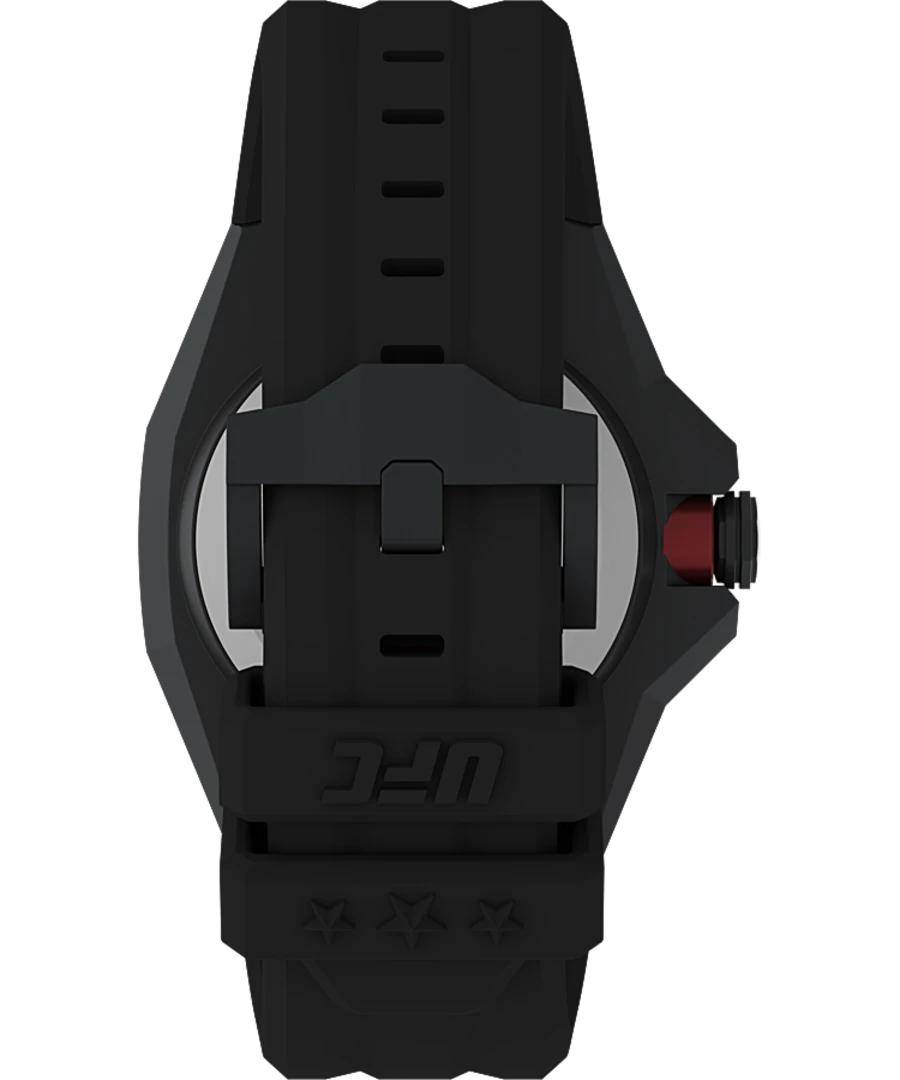 Back view of a black sports watch with a rubber strap.