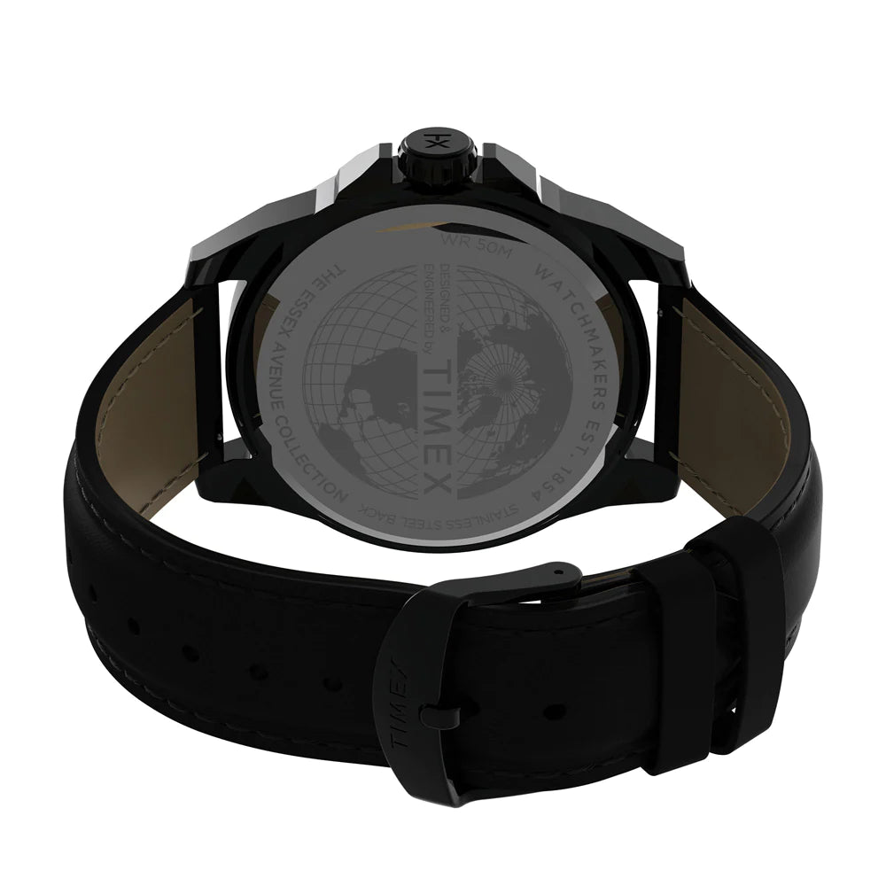 Black wristwatch with a leather strap and round face.