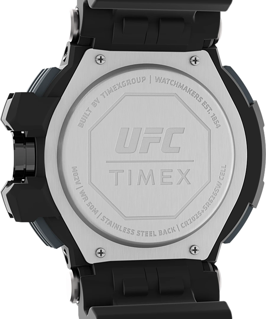 Back of a UFC-branded Timex watch with a stainless steel case.