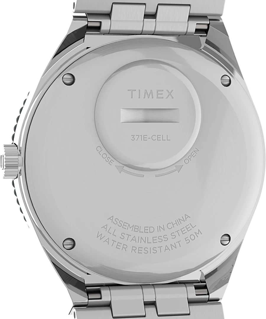Back of a Timex watch with visible battery compartment and water resistance information.