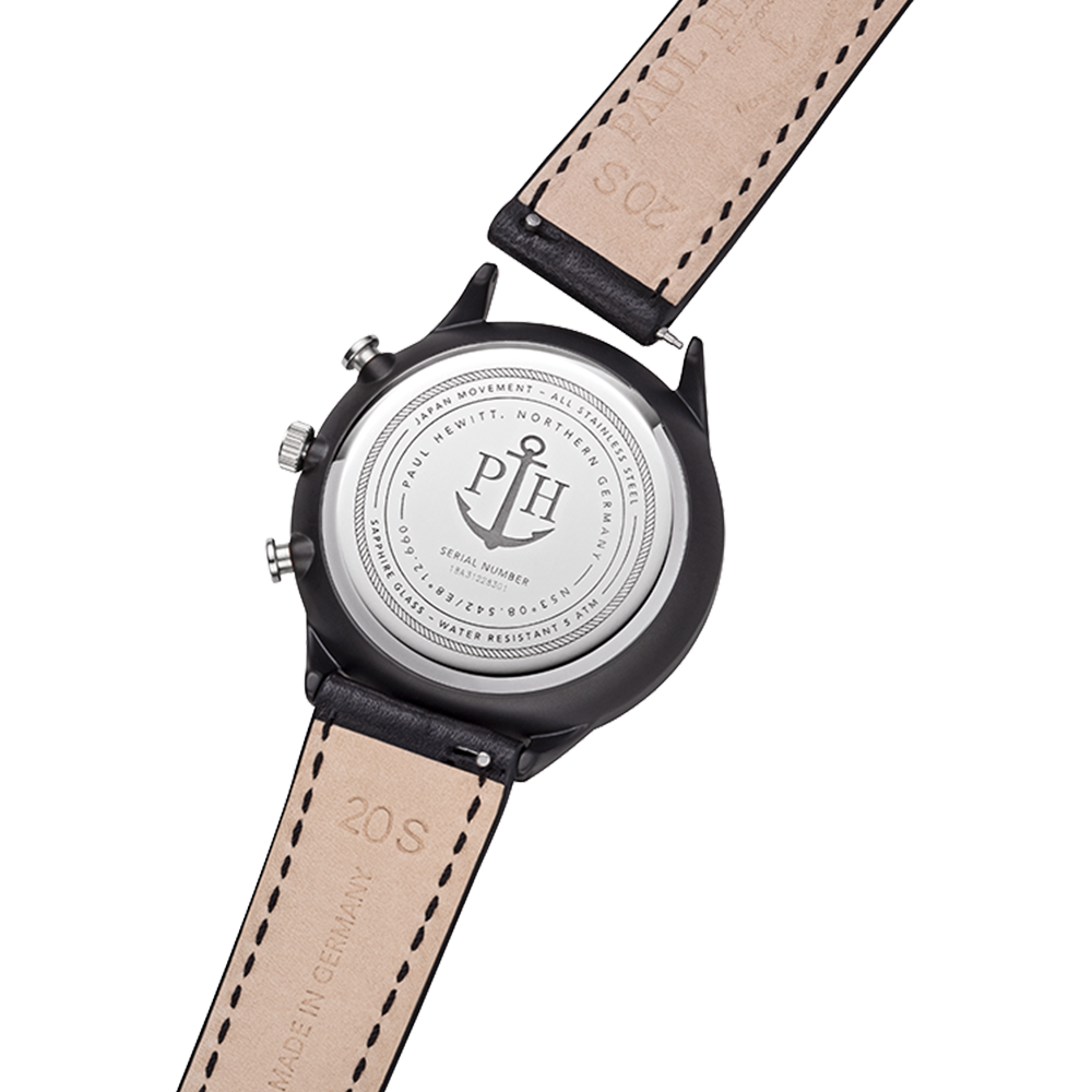 Back of a wristwatch with a leather strap and engraved metal case.