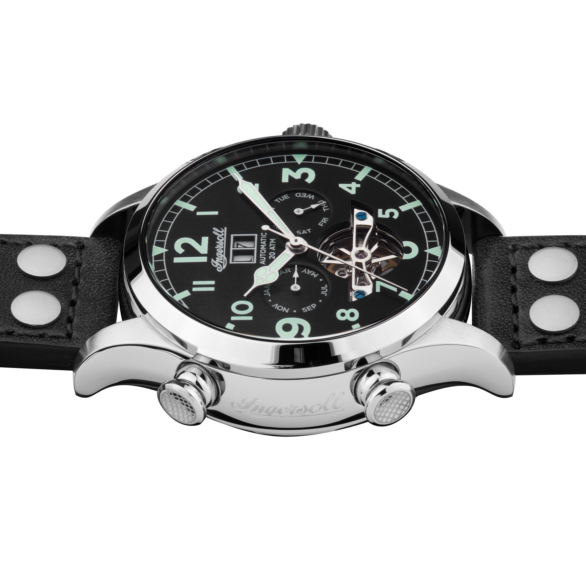 Stylish men’s wristwatch with a black dial and leather strap.