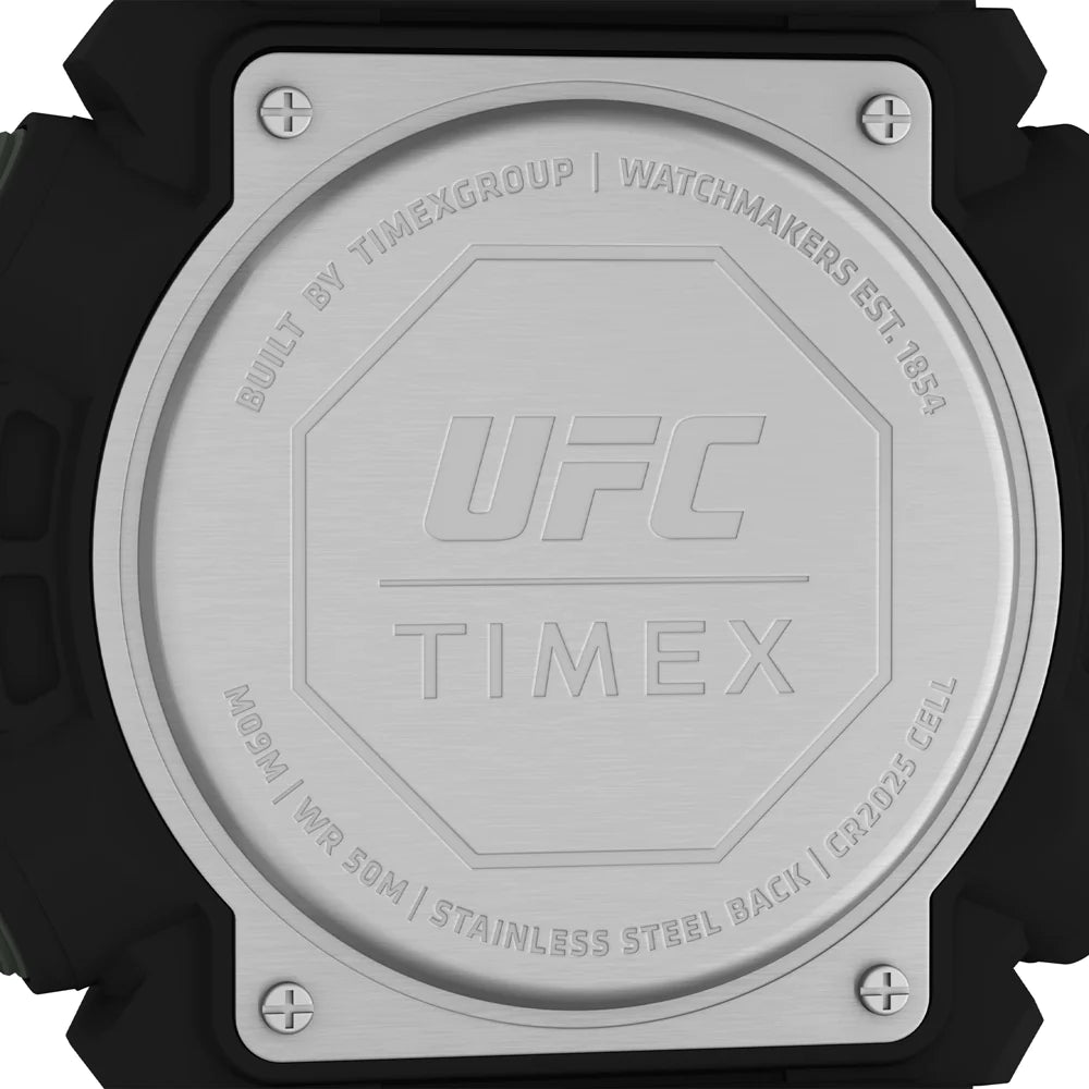 Back of a UFC-branded Timex watch with an octagonal stainless steel case back.