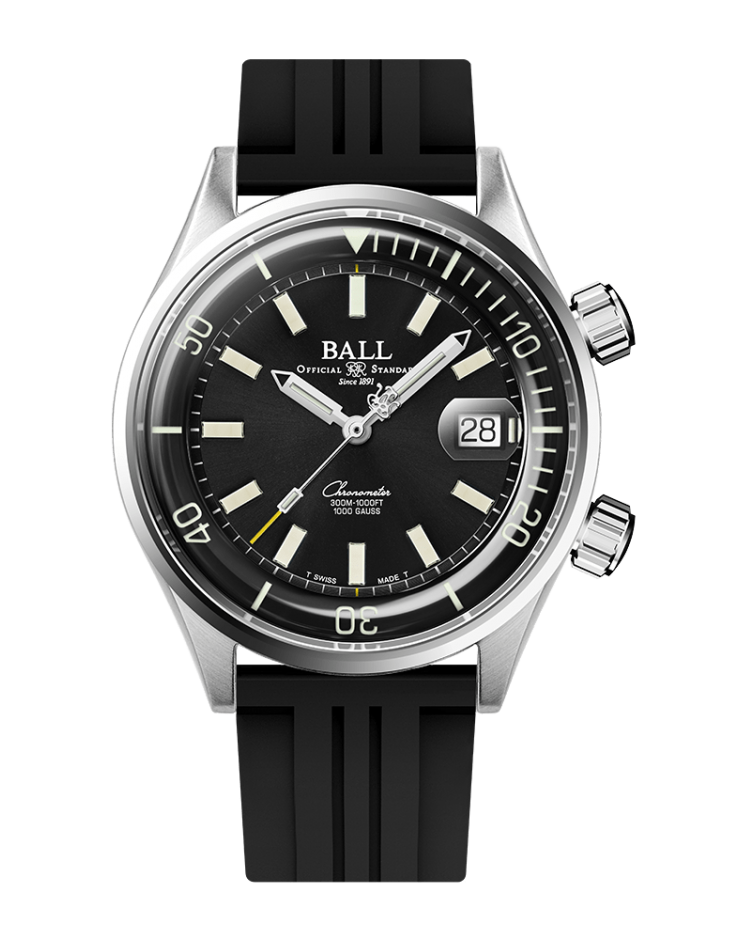 Stainless steel Ball wristwatch with a black dial and rubber strap.