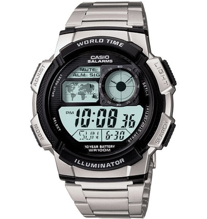 Casio Digital Mens Watch Stainless Steel Band World Time Feature