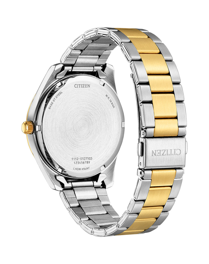 Two-tone metal wristwatch band with silver and gold-colored links.