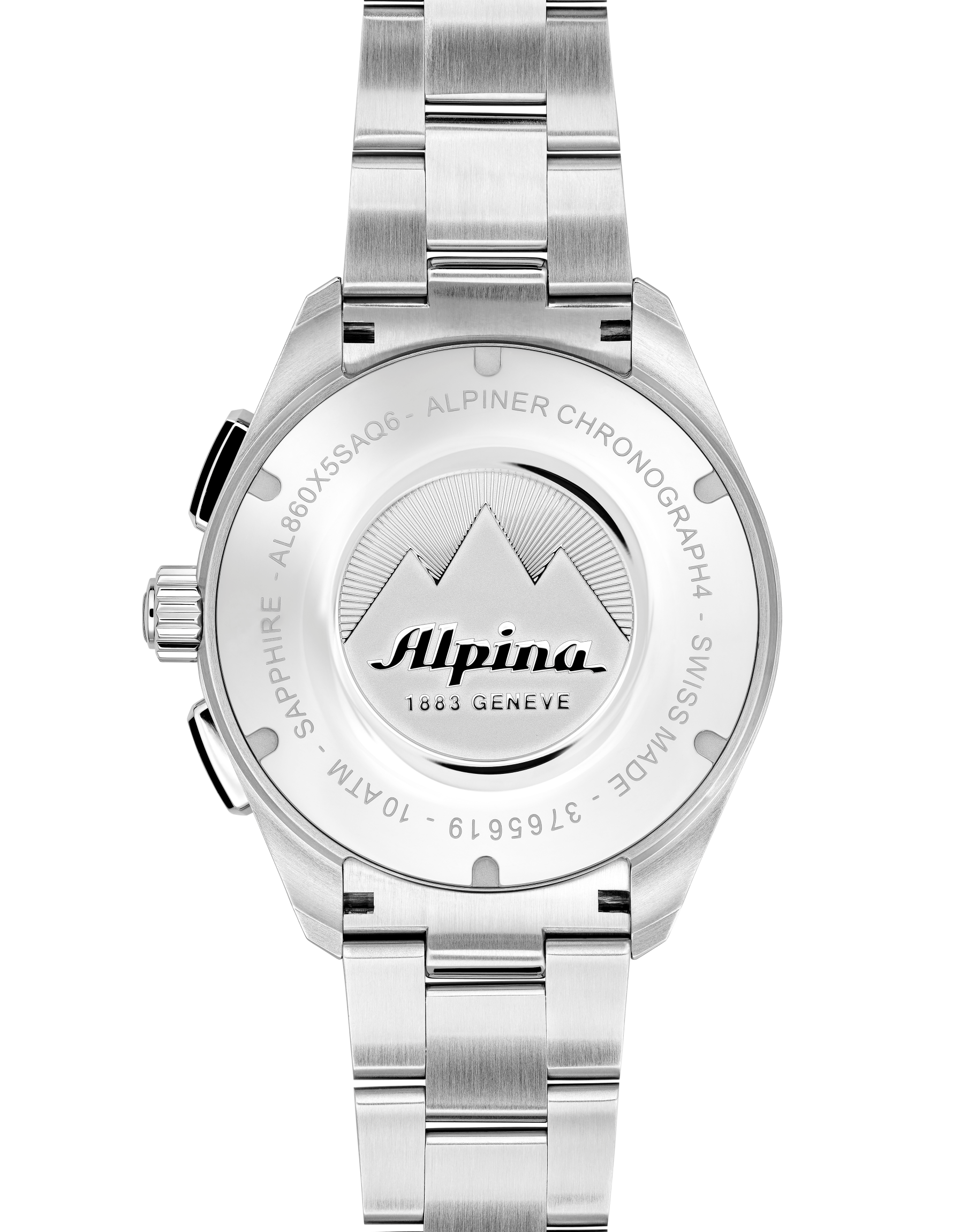 Stainless steel wristwatch with ’Alpina’ branding on its caseback.