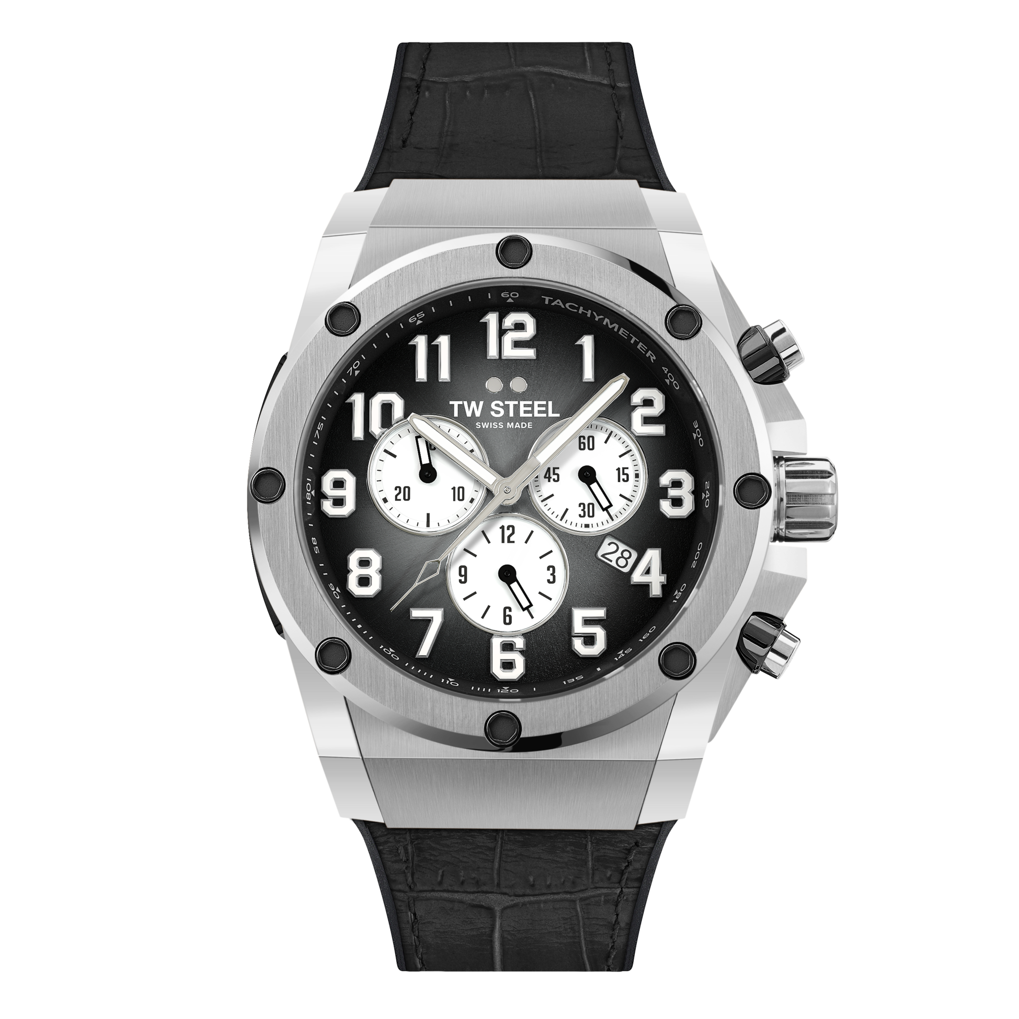 Luxury chronograph wristwatch with a black dial and silver case.