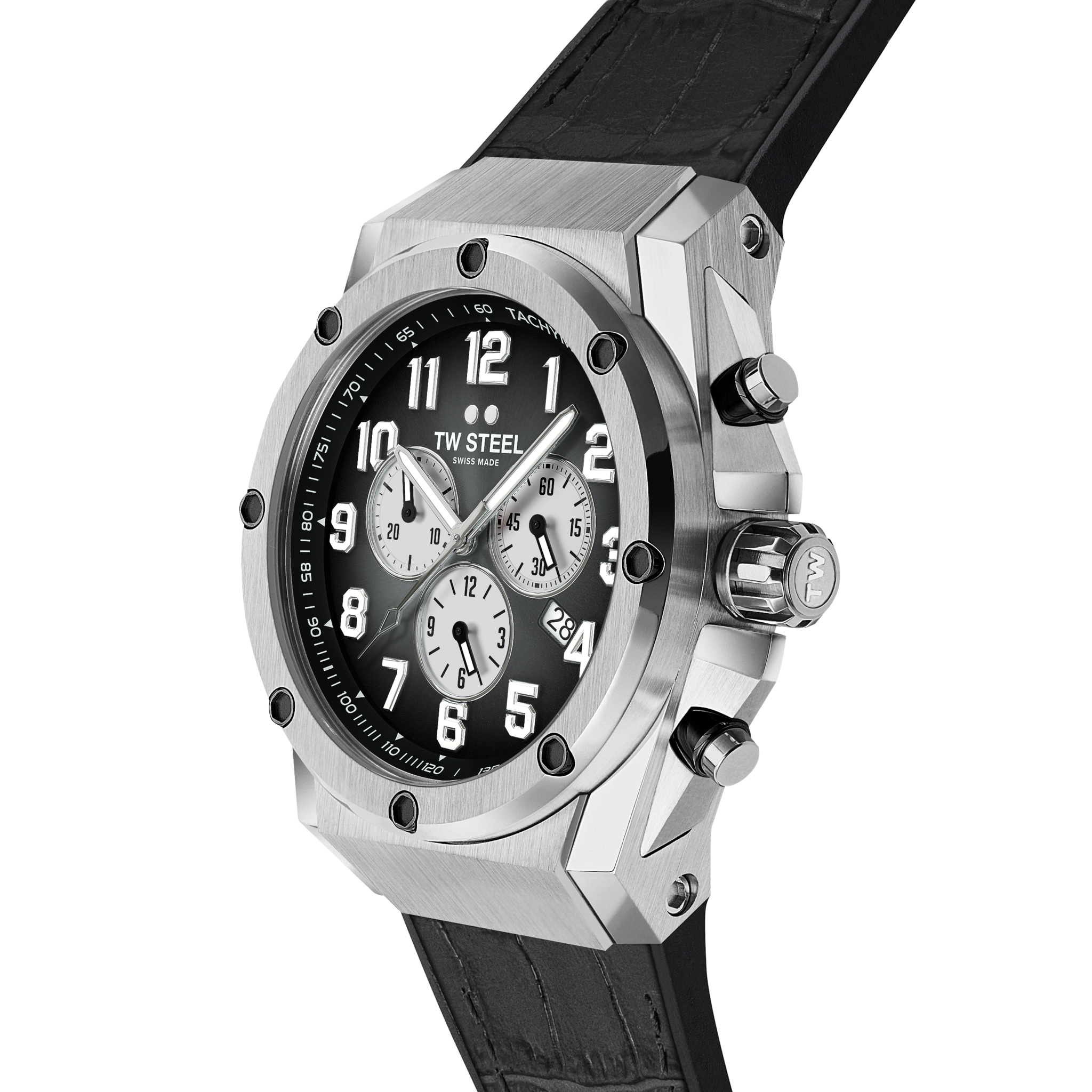 Luxury chronograph wristwatch with a silver metal case and black leather strap.