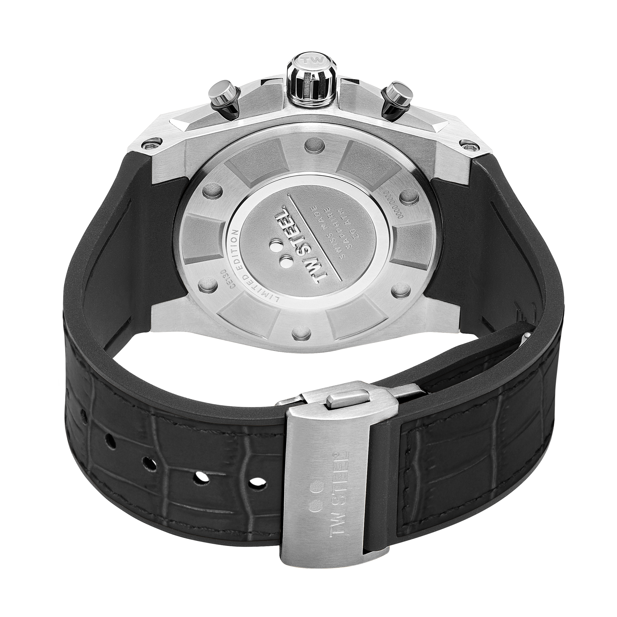 Luxury wristwatch with a black leather strap and silver-toned metal case.