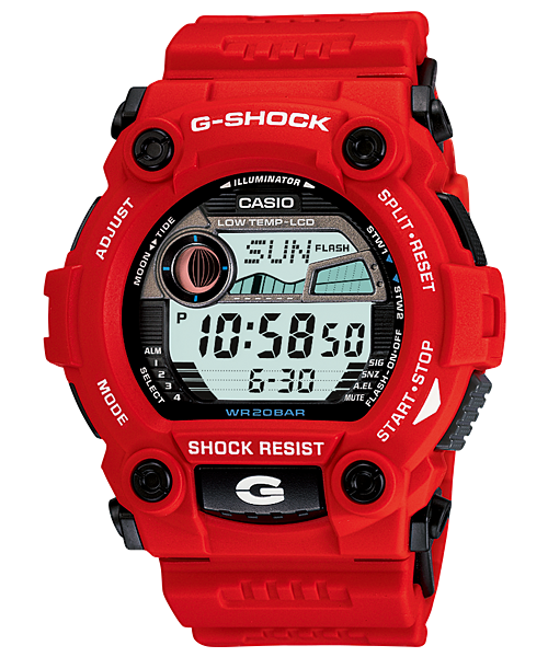 Red G-Shock digital wristwatch with a rugged design and multiple display features.