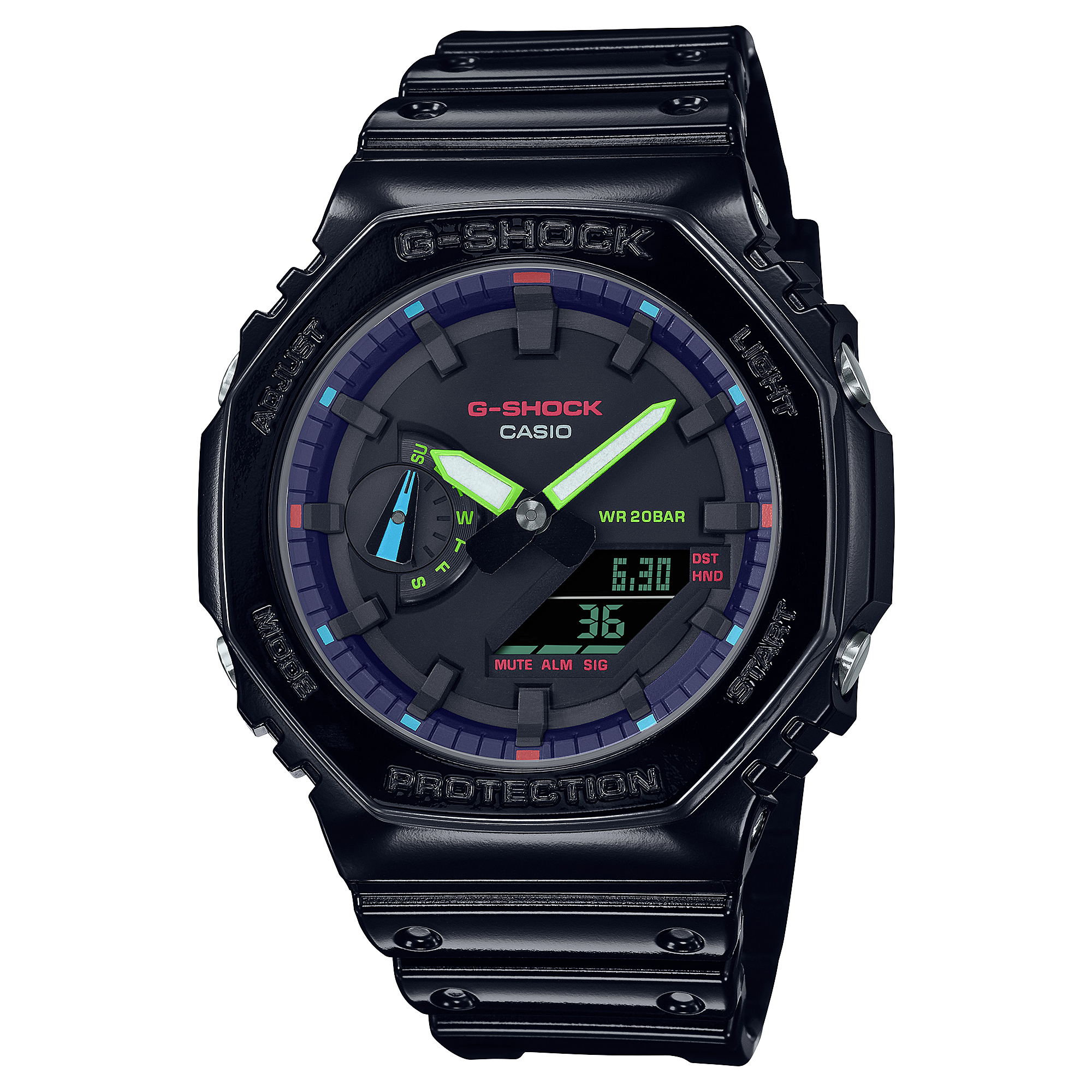 Black G-Shock digital wristwatch with colorful accents on the dial.