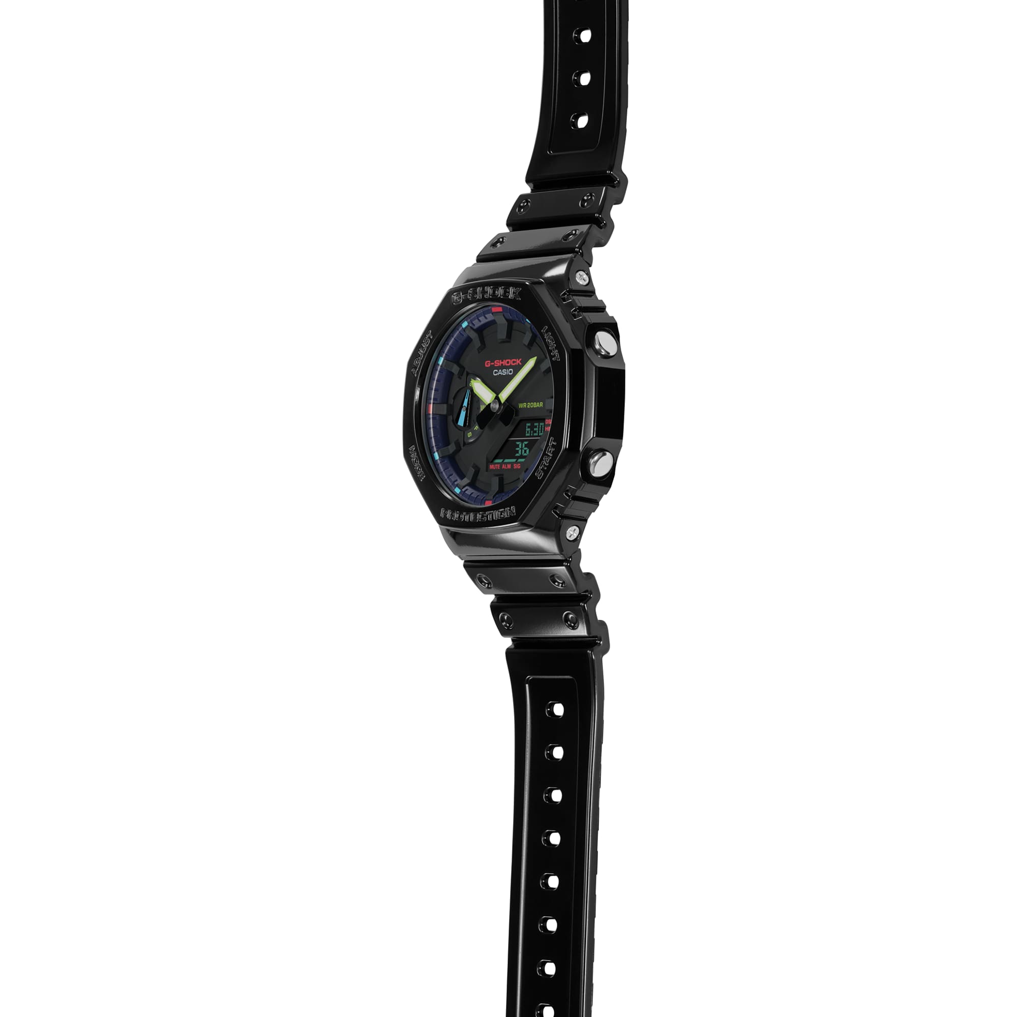Black wristwatch with a digital display and rubber strap.