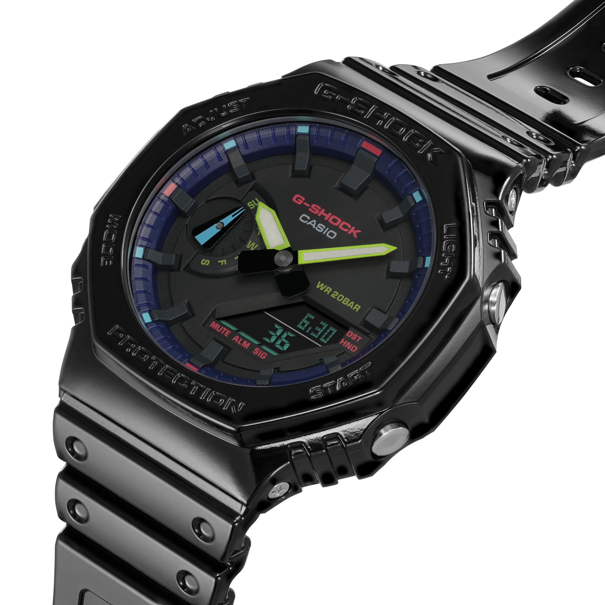 Black sports watch with a colorful analog-digital display and octagonal bezel.