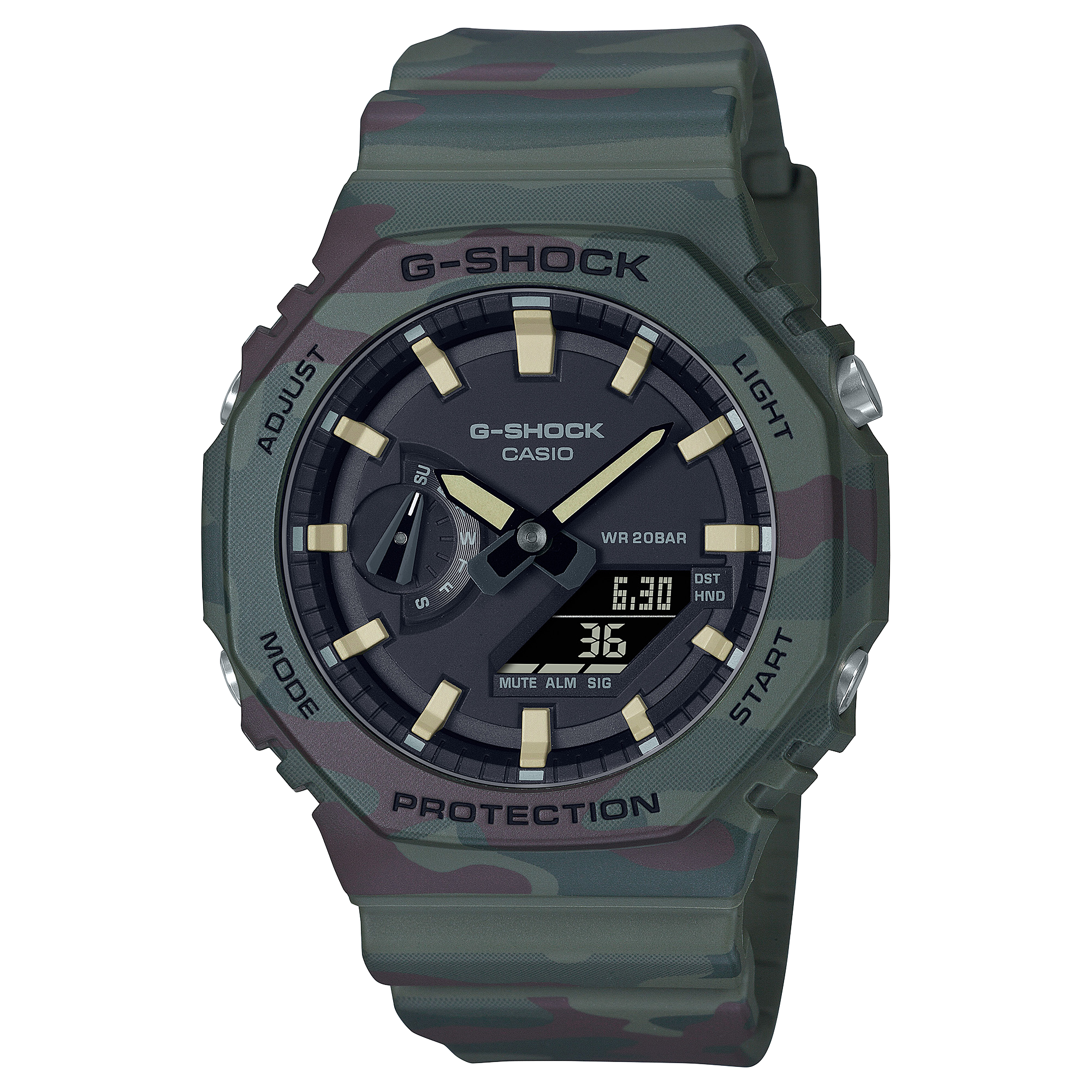 G-Shock wristwatch with a dark green band and black dial face.