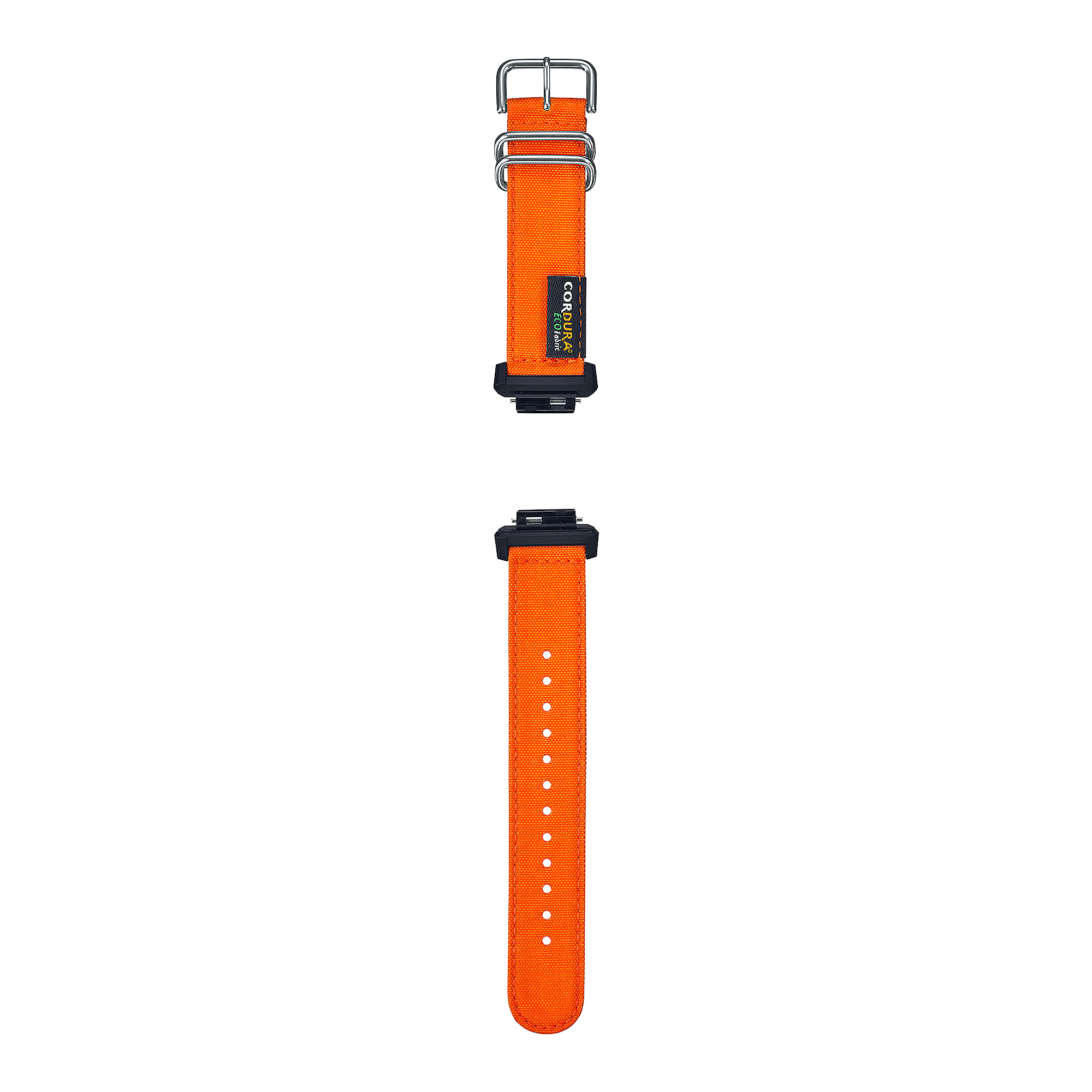 Bright orange watch strap with a silver buckle and black accents.