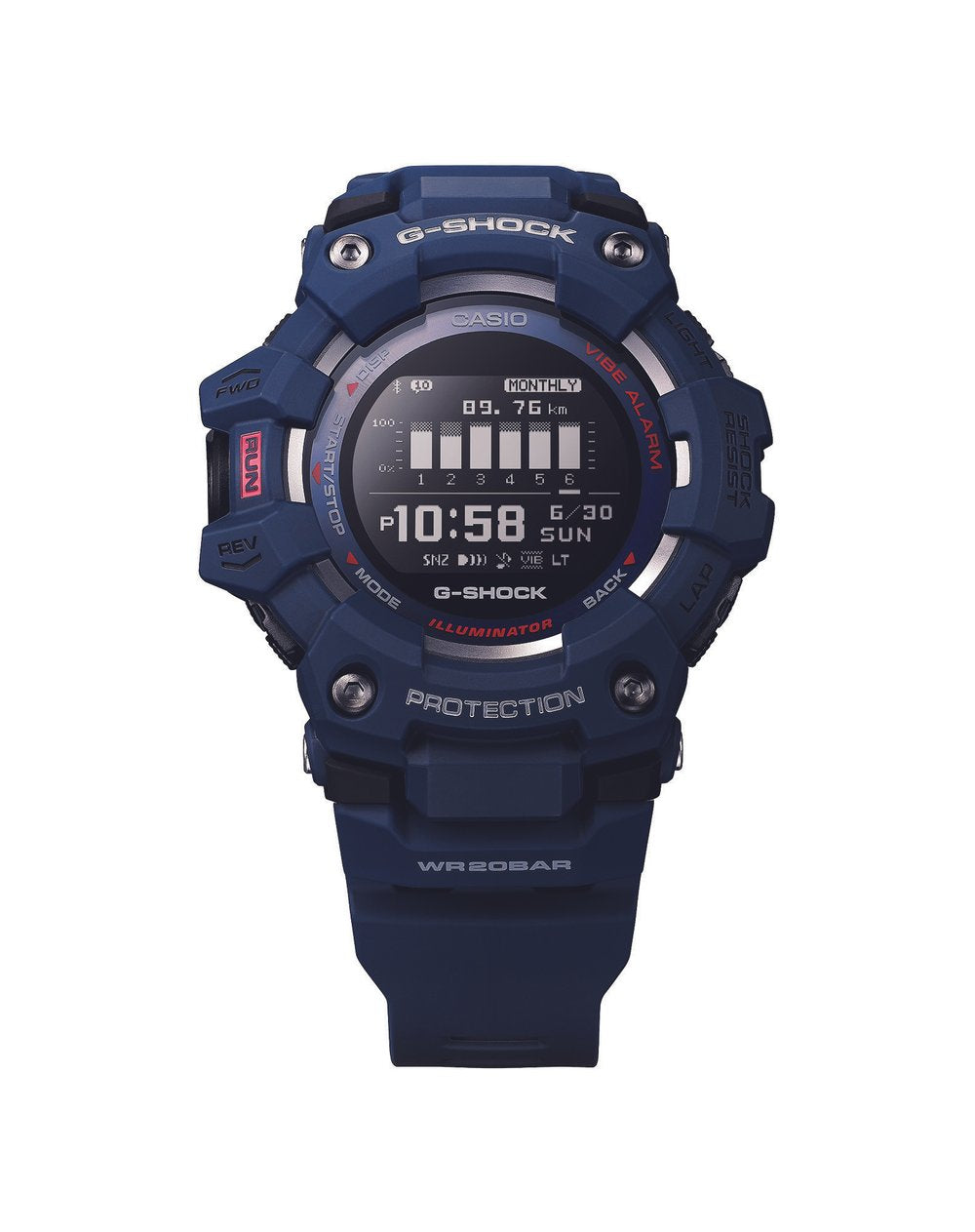 Navy blue G-Shock digital wristwatch with a rugged design and circular display.