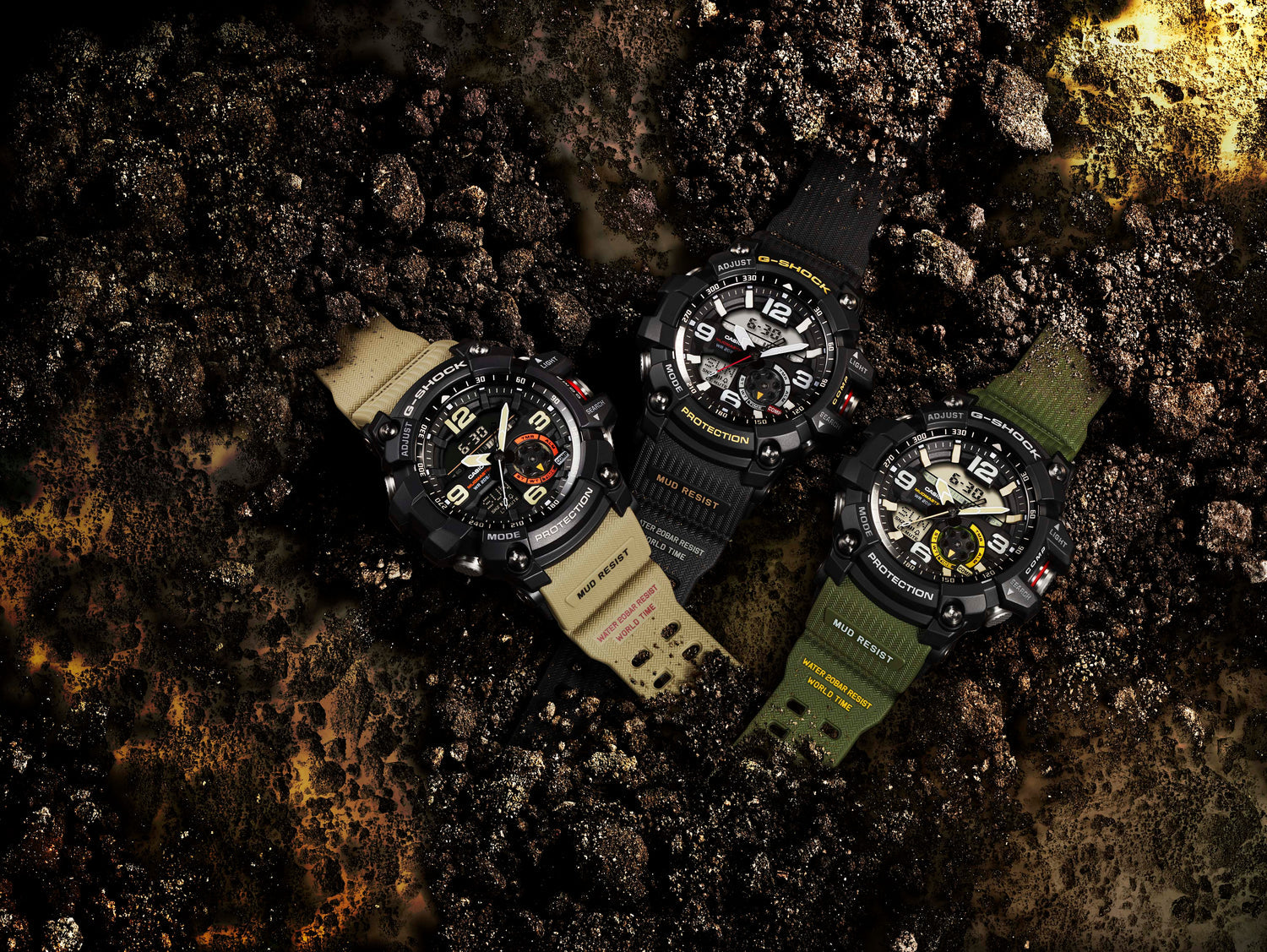 Three rugged wristwatches with dark faces and colored straps.