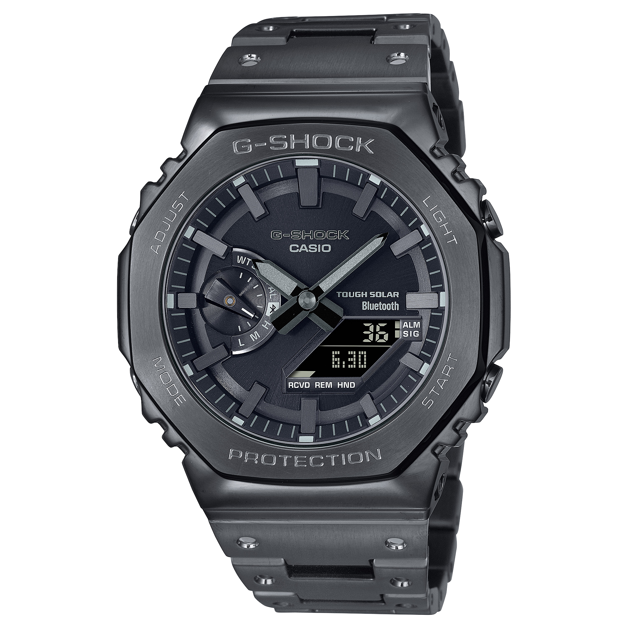 G-Shock watch with a dark gray metallic case and digital-analog display.