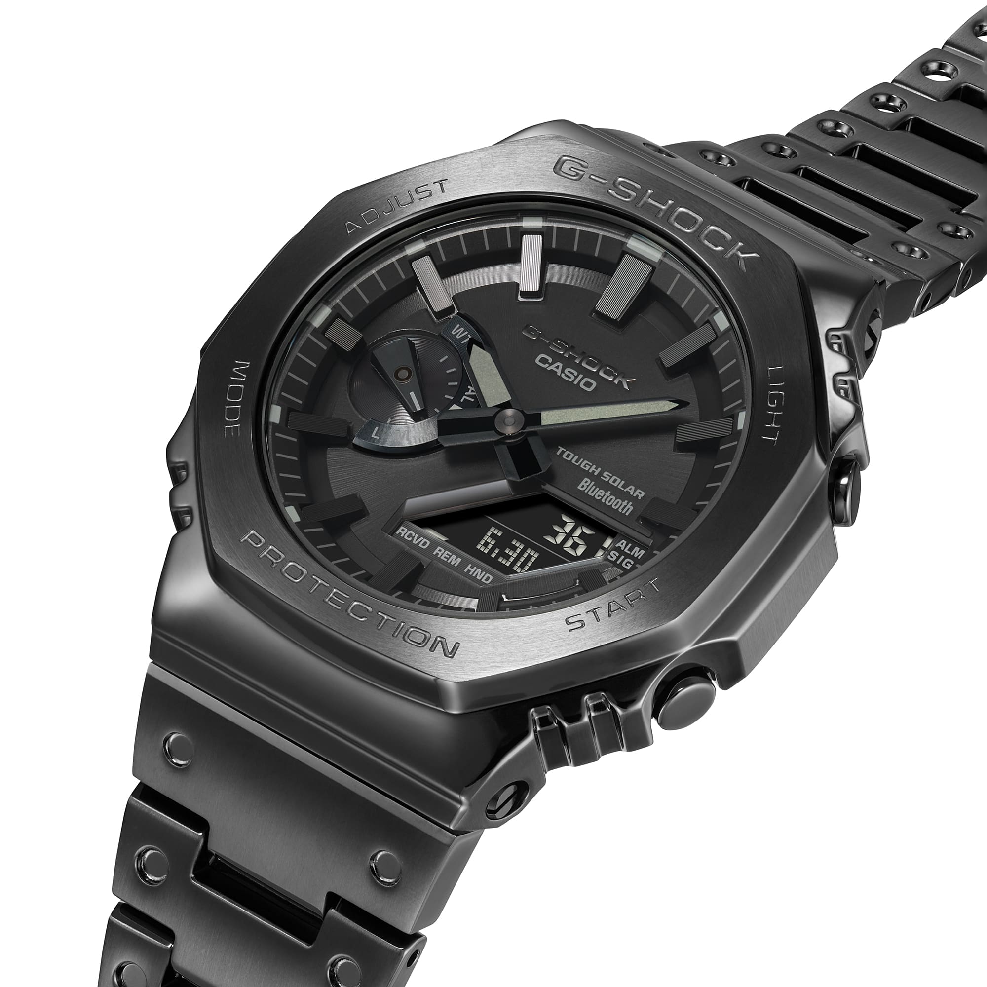 Black G-Shock wristwatch with an octagonal bezel and metal bracelet.